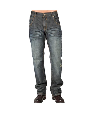 Level 7 Men's Relaxed Straight Leg Dark Vintage Hand Rub Premium Denim Jeans Zipper Trim Pocket
