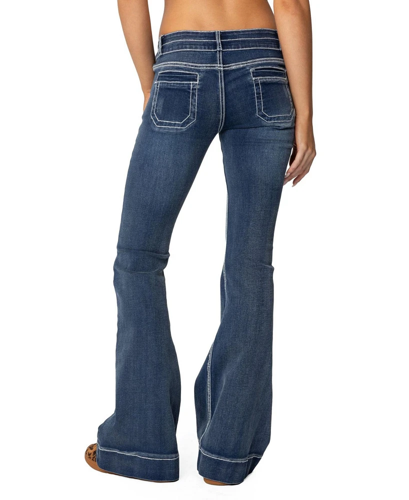 Edikted Womens Contrast Stitch Low Rise Flared Jeans