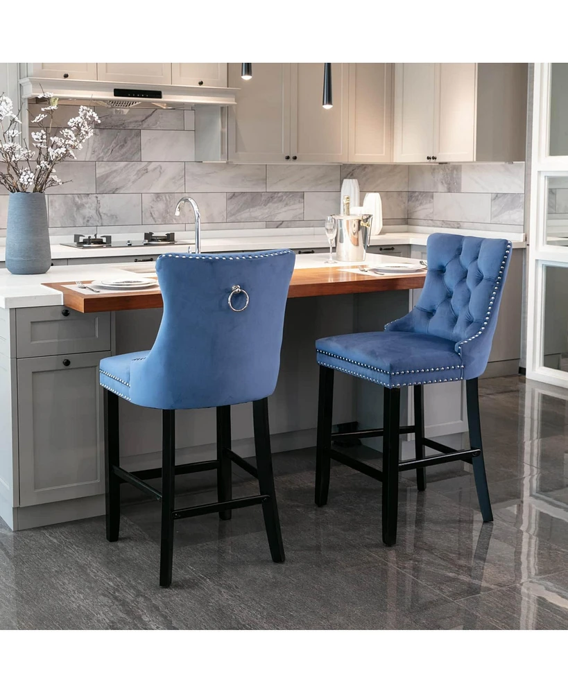 Velvet Bar Stools Set of 2, Button Tufted Upholstered Counter Height Chairs-The Pop Home