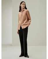 Women's Minimalist Placket Silk Blouse with Shell Buttons