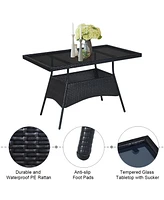 10PCS Patio Rattan Dining Set Cushioned Chair Table with Glass Top Garden Furniture