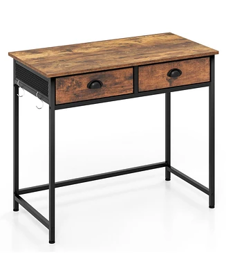 Space-Saving Home Office Desk with 2 Fabric Drawers and 4 Hanging Hooks for Organized Workspace