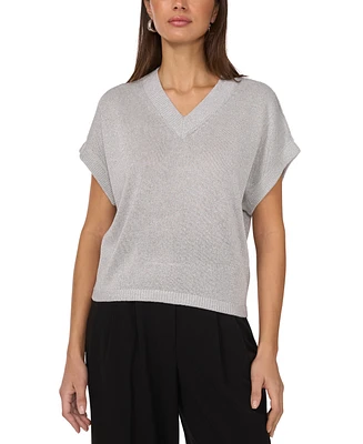 Vince Camuto Women's V-Neck Shine Short-Sleeve Sweater