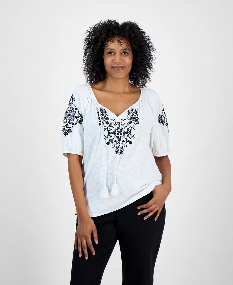 Style & Co Women's Petite Embroidered Split-Neck Tasseled-Tie Top, Exclusively at Macy's