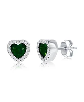 Sterling Silver, Emerald Cz Heart Stud Earrings
