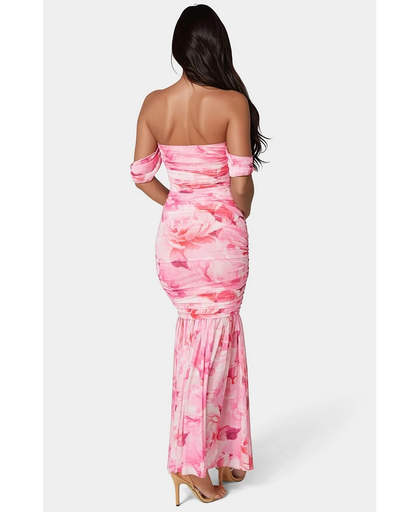 Bebe Women's Off Shoulder Ruched Mesh Gown