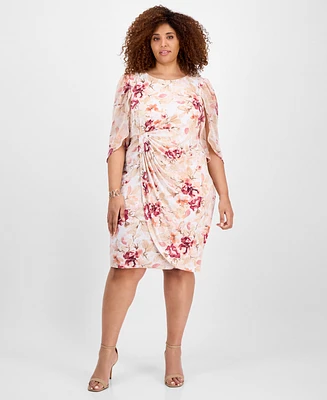 Connected Plus Size Printed Cape-Sleeve Sheath Dress