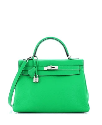 Pre-Owned HERMES Kelly 32 Handbag Green Clemence with Palladium Hardware