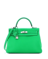 Pre-Owned HERMES Kelly 32 Handbag Green Clemence with Palladium Hardware