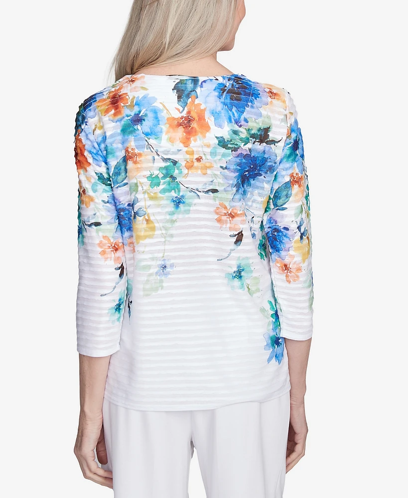 Alfred Dunner Petite Nantucket Textured Floral Neckline Top