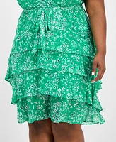 Sandra Darren Plus Size Printed Chiffon Tie-Waist Flutter-Sleeve Dress