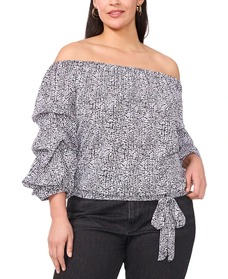 Vince Camuto Plus Printed Off-The-Shoulder Bubble 3/4-Sleeve Tie-Front Blouse