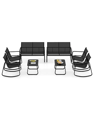 Gymax 8 Pcs Rocking Bistro Set Patio Furniture Set w/ Loveseat Rocking Chairs & Coffee Table
