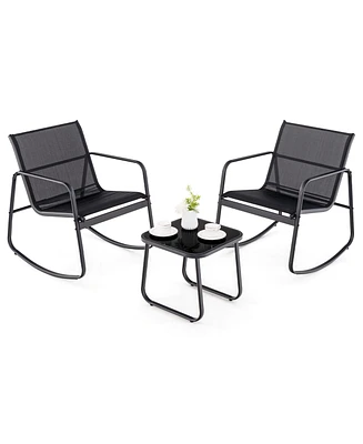 Gymax 3 Piece Rocking Bistro Set Patio Furniture Set w/ 2 Rocking Chairs & Glass-Top Coffee Table