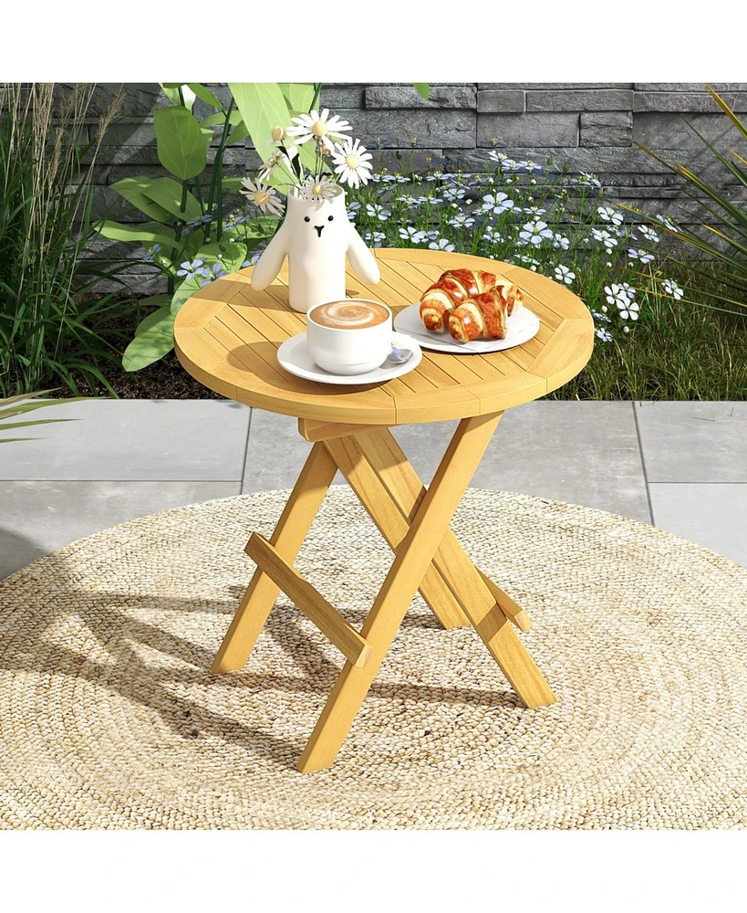 Portable and Compact Outdoor End Table with X-shaped Legs and Slatted Tabletop