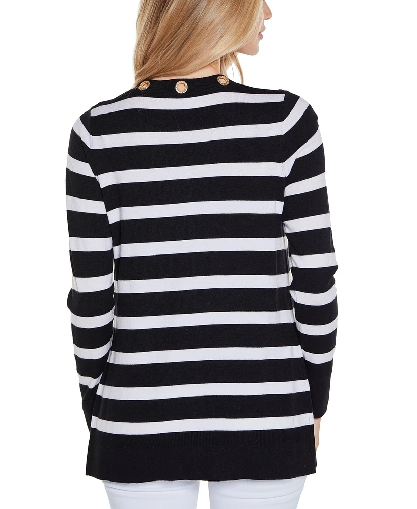 Belldini Women's Rhinestone Grommet Striped Open-Front Cardigan Sweater