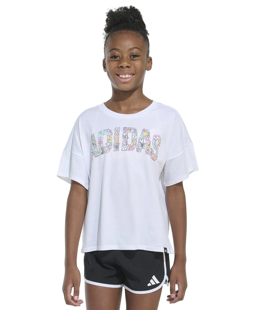 adidas Big Girls Cotton Logo Graphic Short-Sleeve Drop-Shoulder T-Shirt
