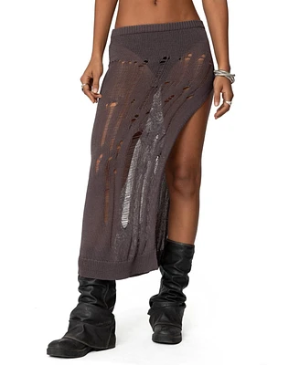 Edikted Womens Jaynie Distressed Knit Maxi Skirt