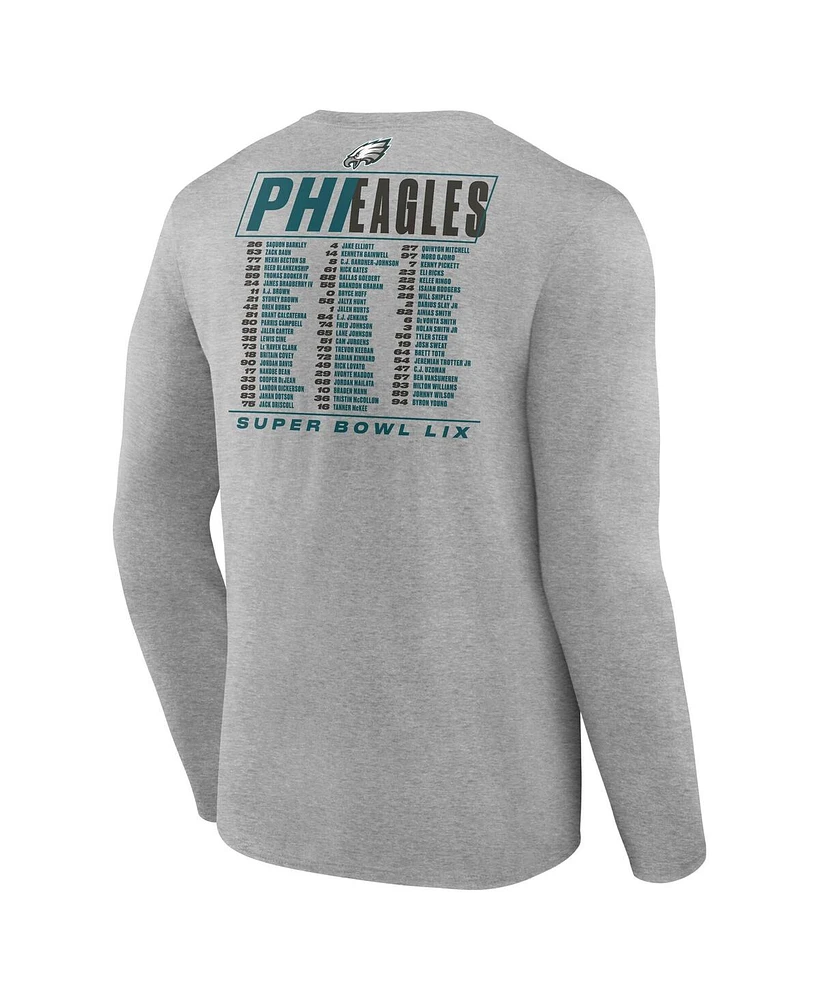Fanatics Men's Heather Gray Philadelphia Eagles Super Bowl Lix Big Tall Roster Long Sleeve T-Shirt