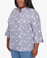 Alfred Dunner Plus Size Flower Power Striped Breezy Floral Applique Collared Top