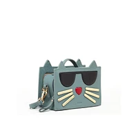 Susu Leather Cat Purse Crossbody Bag Mineral Blue Handbag for Women with Top Handle and Adjustable Strap