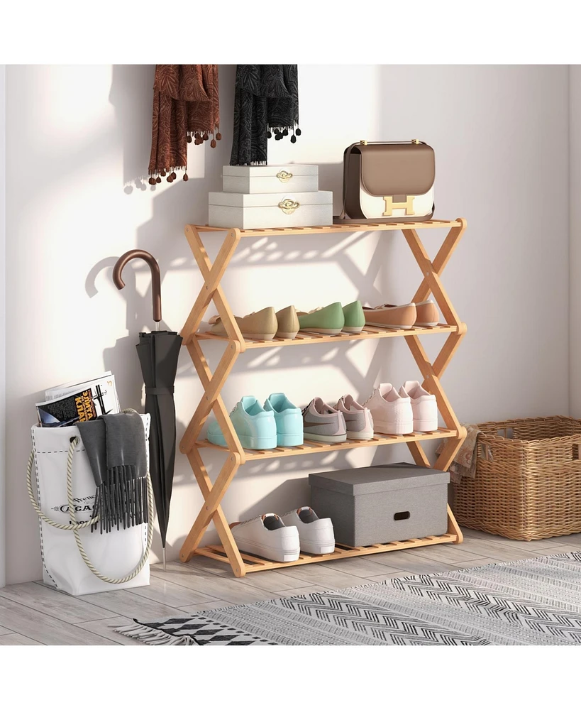 4-Tier Foldable Shoe Rack with Slatted Shelves for Compact Entryway Storage