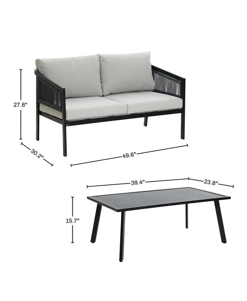 LuxenHome Outdoor Black Steel with Pe Rope Loveseat with Cushions and Coffee Table Set