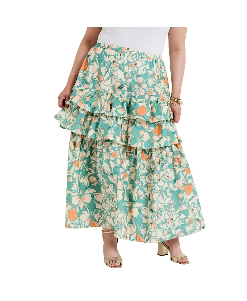 June + Vie Women's Poplin Tiered Midi Skirt