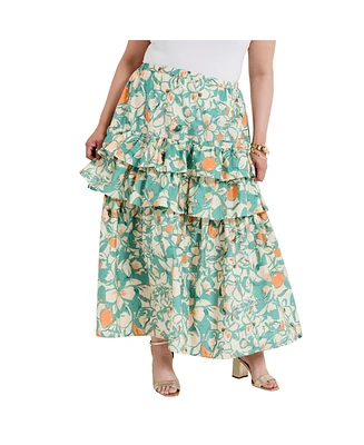 June + Vie Women's Poplin Tiered Midi Skirt