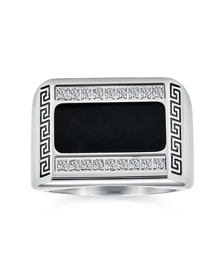 Bling Jewelry Stainless Steel Geometric Greek Cz Accent Black Rectangle Signet Ring Silver Tone