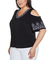 Belldini Plus Size Black Label Embroidered Cold-Shoulder Knit Top