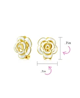 Bling Jewelry Fashion Enamel 3D Rose Flower Clip On Earrings Button Style For Non-Pierced Ears Gold Plated