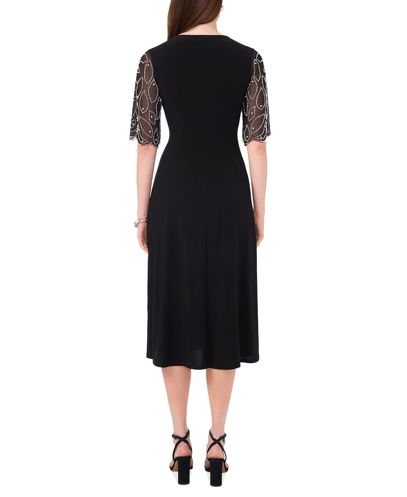 Msk Petite V-Neck Embellished-Sleeve Midi Dress