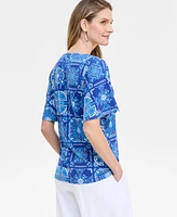 Jm Collection Women's Printed Flutter-Sleeve Square Neck Crepe Top