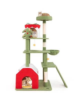 Festive Cat Tree with 2 Condos and Scratching Posts, Christmas-Themed Playhouse