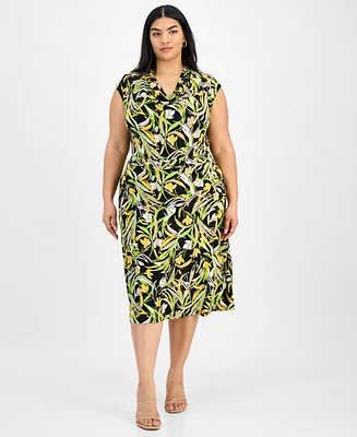 Kasper Plus Printed Pull-On Midi Skirt