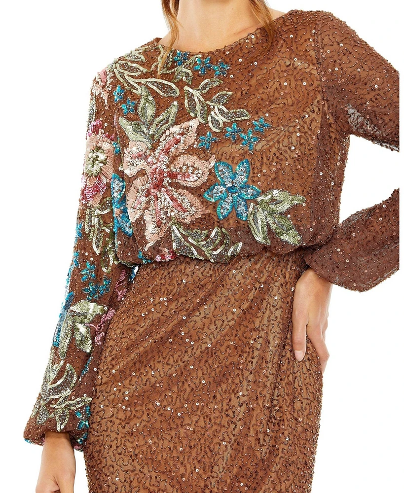 Mac Duggal Women's Embellished Multi Color Floral High Neck Gown