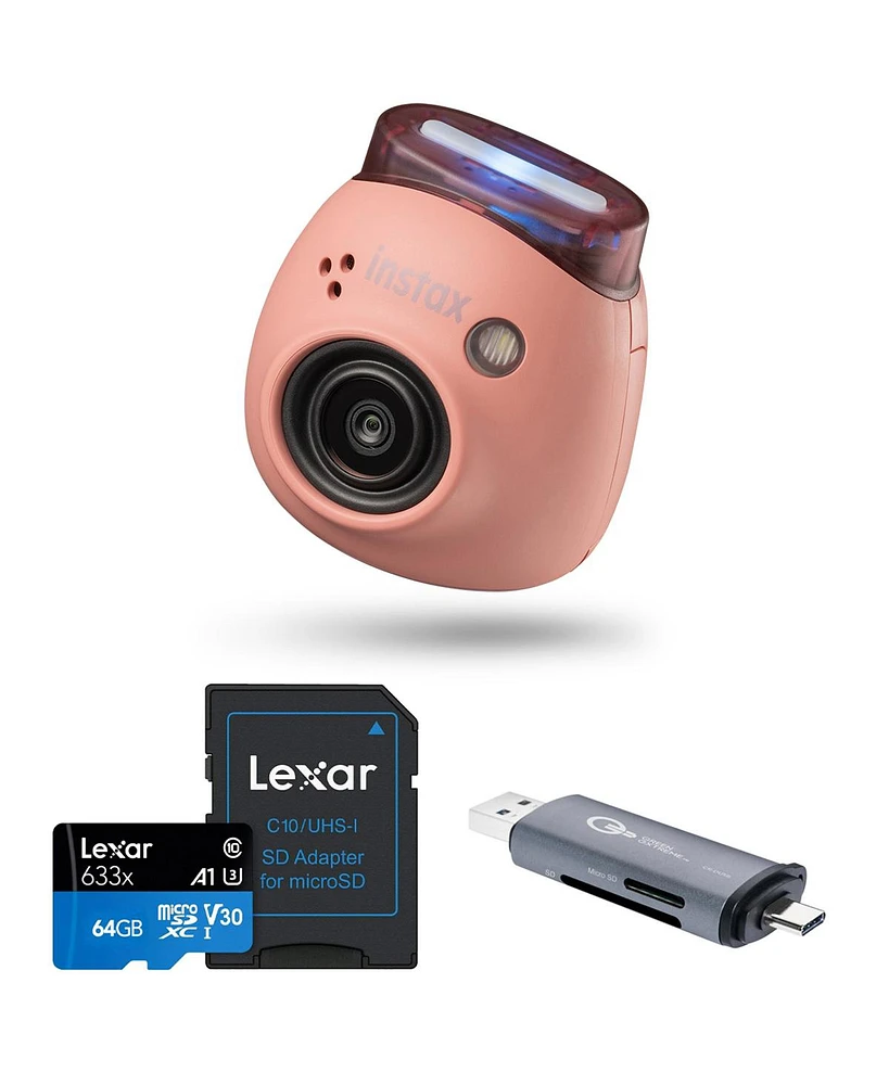 Fujifilm Instax Pal Digital Camera, Powder Pink, Bundle with 64GB Memory Card and Otg Reader