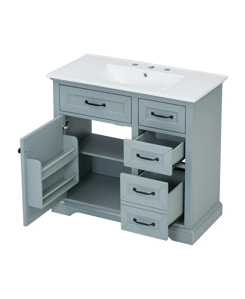 36" Bathroom Vanity with Sink, Ceramic Sink, 2 Tip-out Drawers, Soft Close Door Hinges, Grey