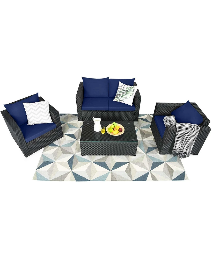 Gymax Set of Rattan Furniture Set Cushioned Sofa Chair Coffee Table Patio