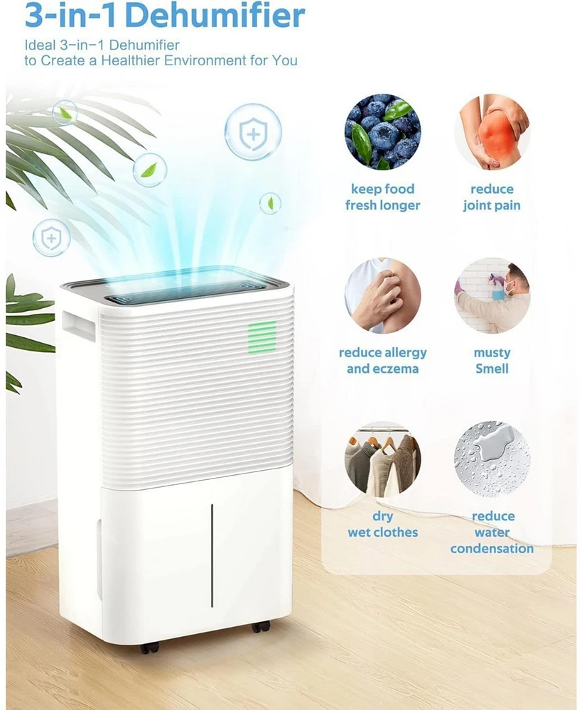 Kismile 45-Pint Dehumidifier for Home, Basement & Large Rooms, White, Auto/Manual Drain, 3 Modes, Auto Defrost, Dry Clothes, 12H Timer