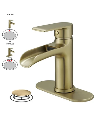 Waterfall Single Hole Single-Handle Low-Arc Bathroom Faucet With Pop-up Drain Assembly Brushed Nickel
