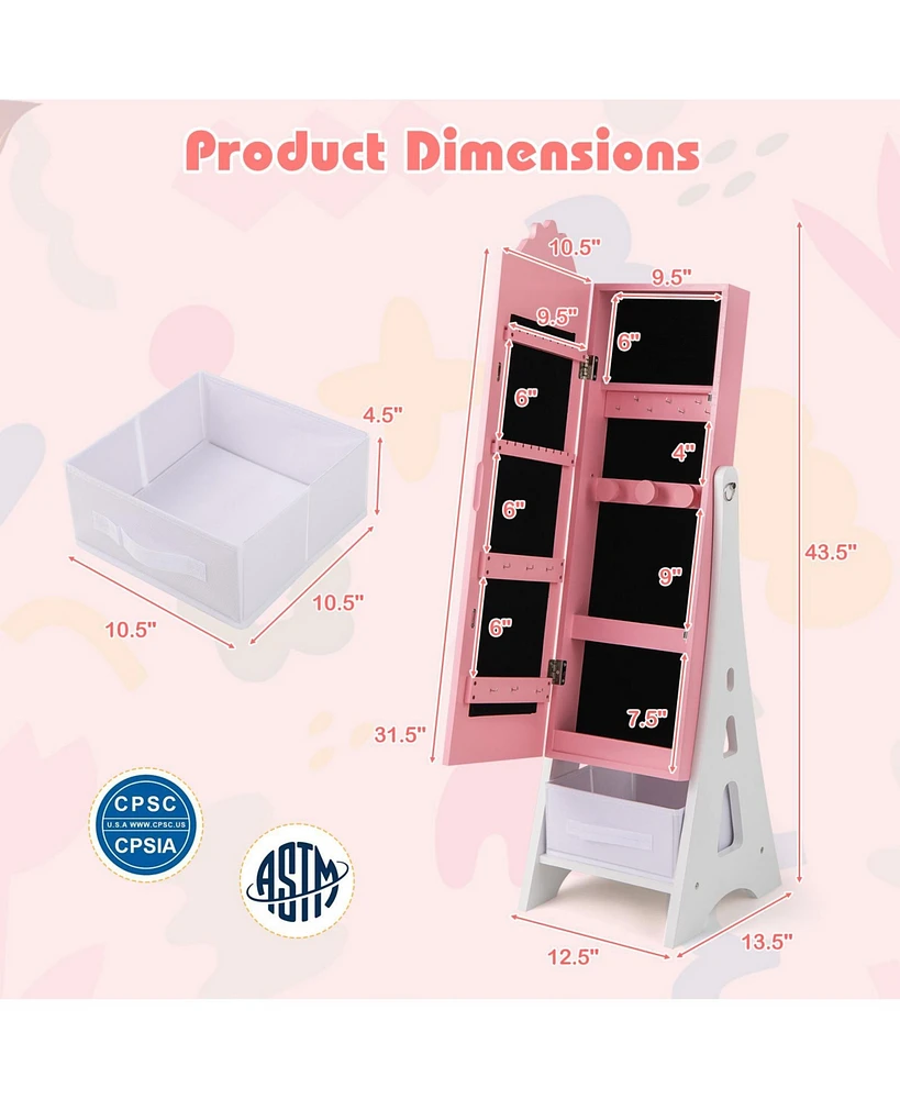Kids Jewelry Cabinet with Full-Length Mirror and Foldable Drawer