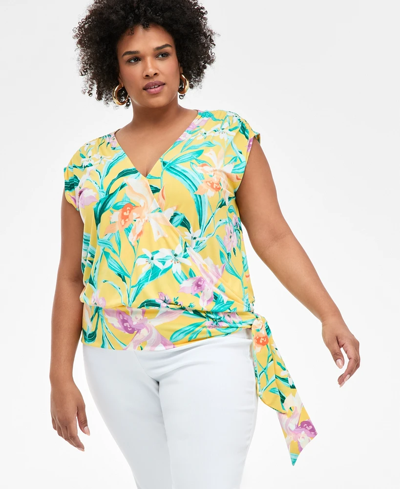 I.n.c. International Concepts Plus Printed Side-Tie Cap-Sleeve Surplice Top, Exclusively at Macy's