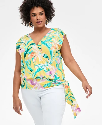 I.n.c. International Concepts Plus Printed Side-Tie Cap-Sleeve Surplice Top, Exclusively at Macy's