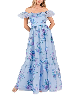 B Darlin Juniors' Floral Off-The-Shoulder Ruffle Gown
