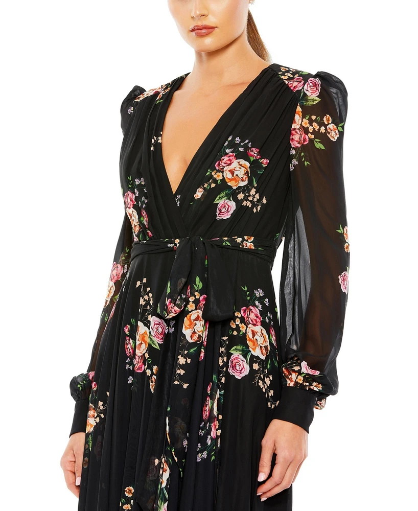 Women's Belted Floral Print Illusion Long Sleeve Gown