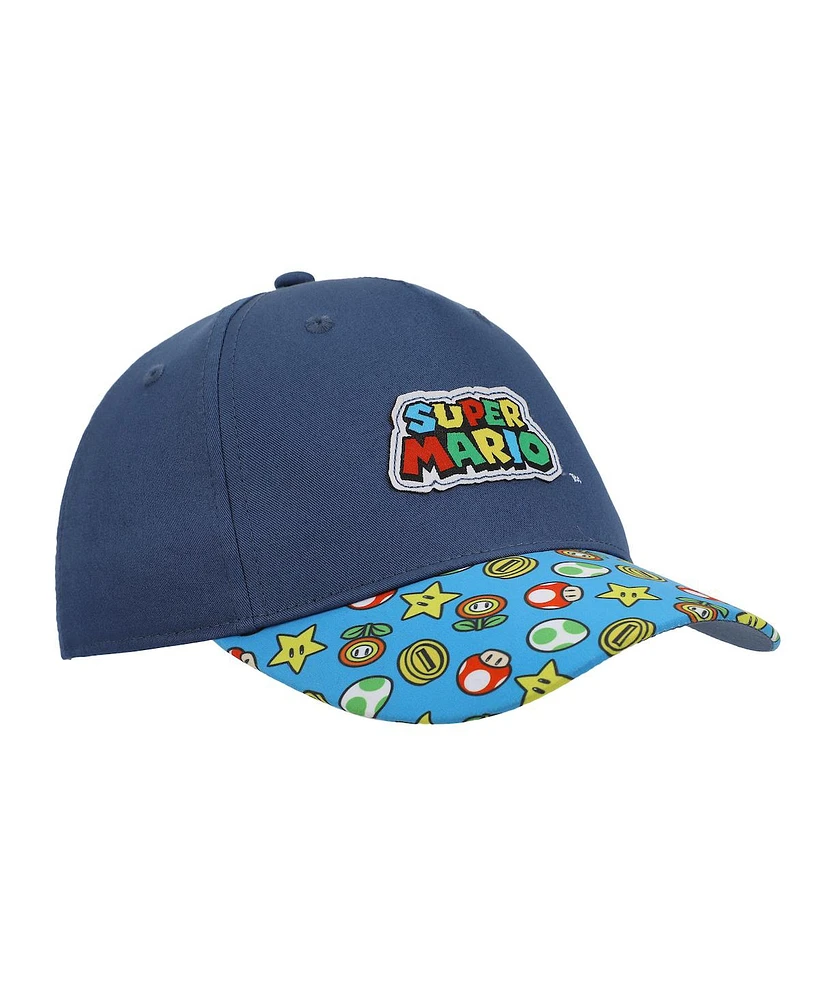 Super Mario Boys Bros Logo & Power-Ups Youth Blue Traditional Adjustable Hat