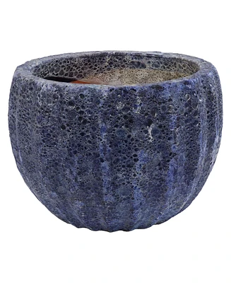Fluted Lava Finish Ceramic Planter - Dark Blue - 13.5" Round