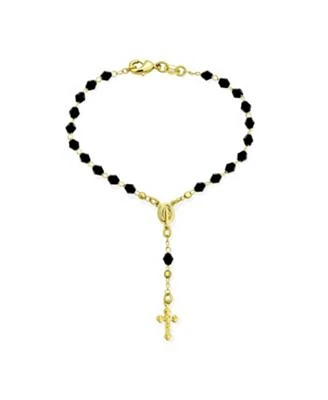 Bling Jewelry Christian Rosary-Bead Bracelet Black Beads Virgin Mary Crucifix 18K Gold 7-7.5 Inch